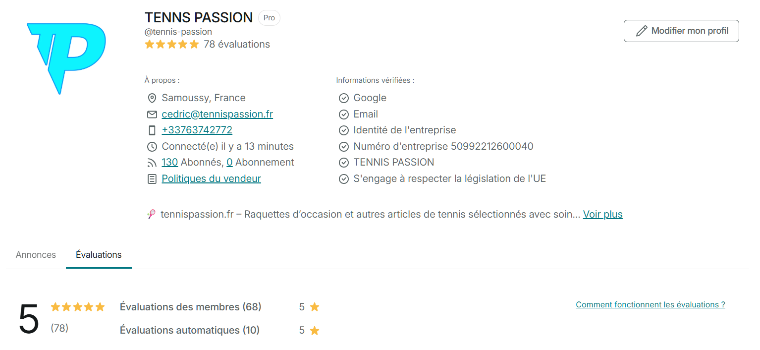 Aperçu du profil Vinted professionnel avec 5 étoiles et évaluations clients